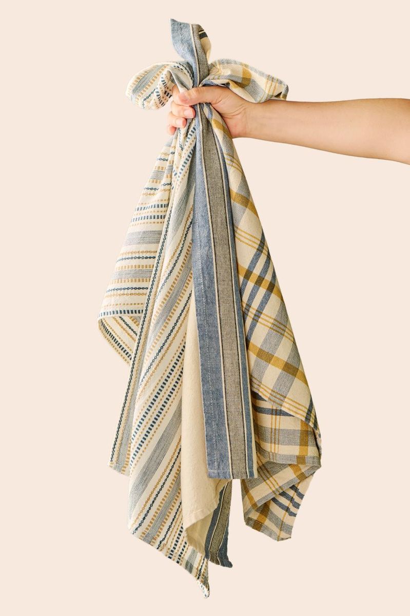 Kjøkkenhåndkle hvitt m/blått og beige innvevd mønster